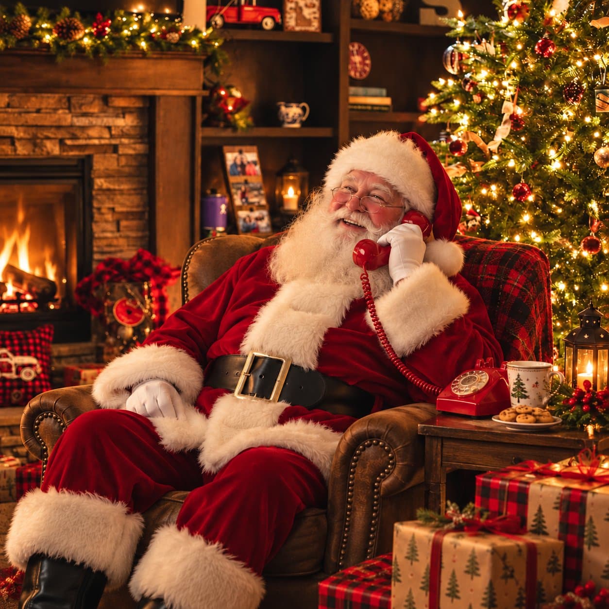 Santa on the phone by the fire